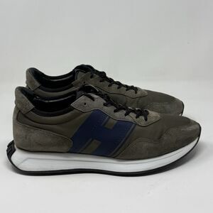 Hogan Hyperlight Logo Patch Sneaker Shoes Mens 10.5 Olive Green Blue Suede Nylon